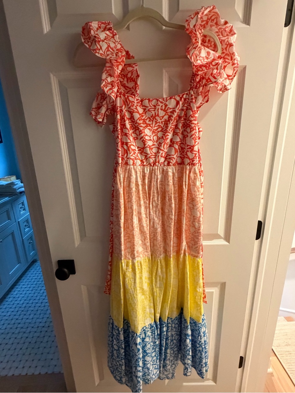 Oliphant Coral, Yellow & Blue Tiered Ruffle Maxi Dress